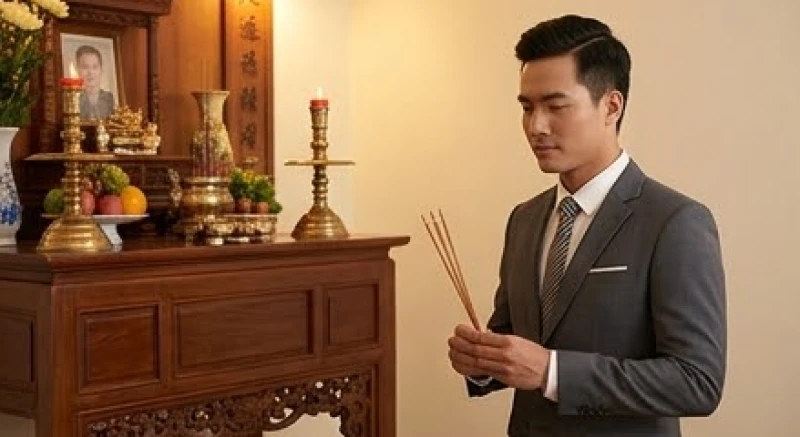 Văn khấn lễ lại mặt: Mẫu chuẩn nhà gái và trình tự dâng hương 1 Chú rể mặc bộ vest lịch lãm trực tiếp thắp hương và dâng lễ lên bàn thờ gia tiên nhà gái