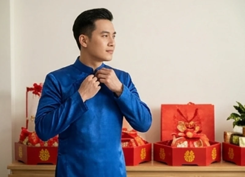 Tuổi Dậu Cưới Ngày Nào Tốt: Lịch Đại Lợi & Thủ Tục Hóa Giải 4 Chú rể diện áo dài truyền thống chỉnh tề chuẩn bị sính lễ và đội hình rước dâu trong ngày đại cát