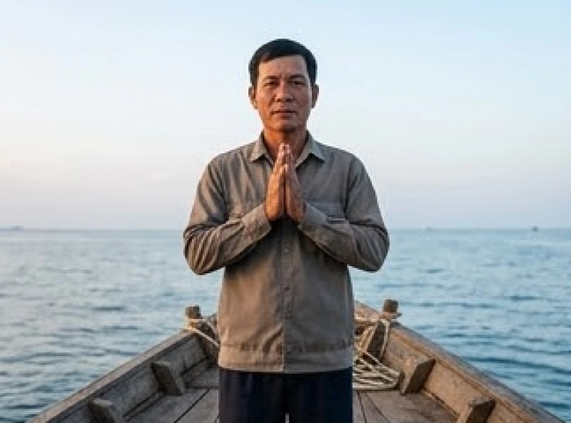 Vị thuyền trưởng mặc trang phục dài tay chỉnh tề, đứng chắp tay trang nghiêm trước hương án trên boong tàu