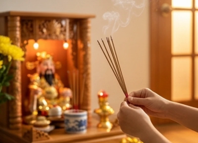 Người buôn bán thành tâm thắp hương trước bàn thờ Thần Tài Thổ Địa để thỉnh cầu may mắn và bình an