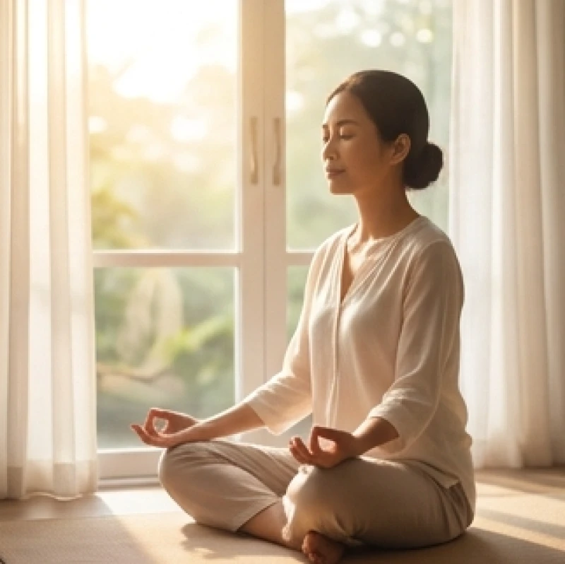 Người phụ nữ ngồi thiền định tịnh tâm bên cửa sổ ngập tràn ánh sáng bình minh rực rỡ