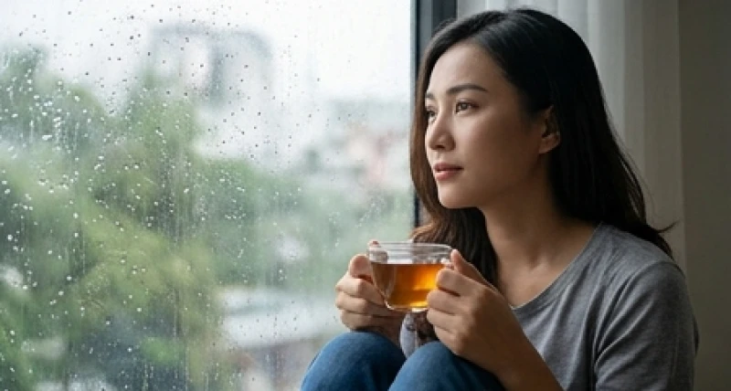 Người phụ nữ ngồi một mình bên cửa sổ ngắm nhìn những giọt mưa với ánh mắt suy tư