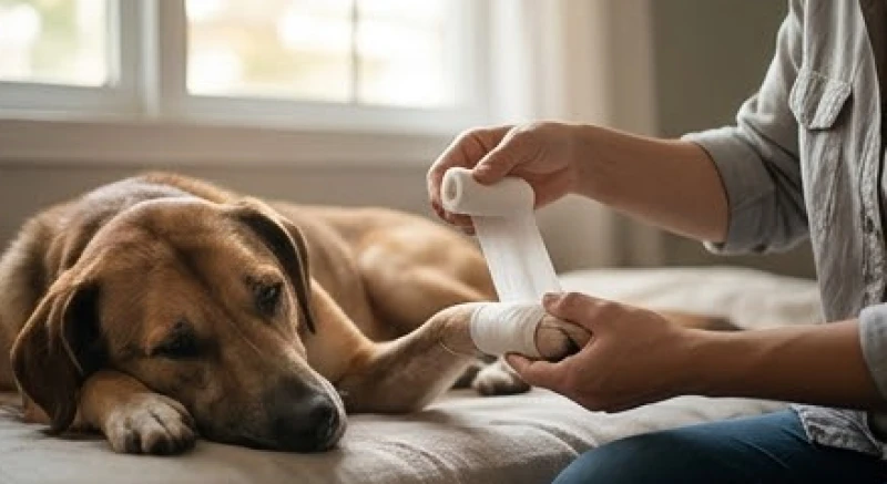 Mơ thấy cứu chó: Điềm báo tâm linh theo bối cảnh & số tài lộc 5 Người chủ đang cẩn thận băng bó chân cho chú chó nhỏ bị thương, tượng trưng cho sự hàn gắn mối quan hệ