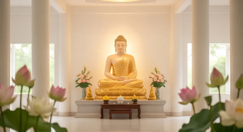 Chánh điện của một ngôi chùa thờ Phật với không gian bừng sáng và tĩnh lặng