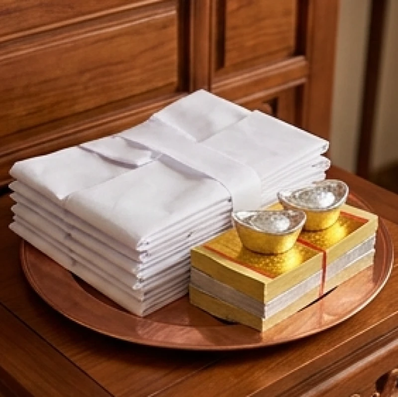 Văn khấn hết tang mẹ: Bài cúng chuẩn xưng Hiển tỷ và nghi thức 6 Áo xô giấy và các nén vàng mã được xếp gọn gàng trên mâm chờ hỏa hóa