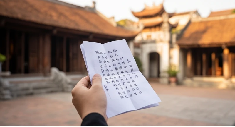 Văn khấn Đức Thánh Trần tại Đền Ngọc Sơn: Bài khấn & cách sắm lễ 2 Bản văn khấn được chép cẩn thận ra một tờ giấy nhỏ giúp người đi lễ đọc trôi chảy và không quên thông tin