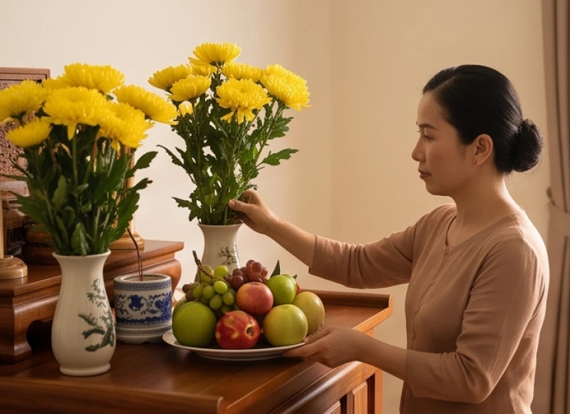 Người mẹ đang cẩn thận cắm bình hoa cúc vàng tươi và bày biện mâm ngũ quả trên bàn thờ để chuẩn bị lễ cúng