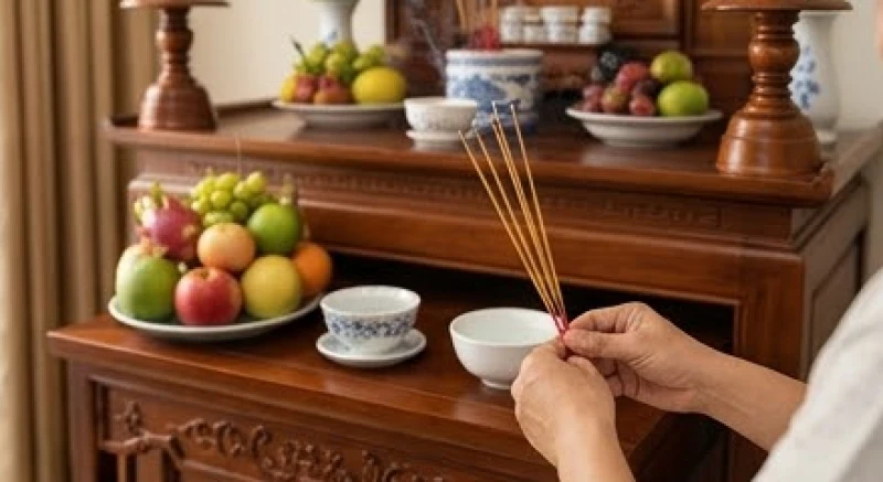Gia chủ thắp hương trên bàn thờ gia tiên để tạ ơn vào ngày cuối cùng của tháng âm lịch