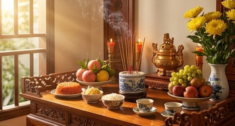 Gia chủ chuẩn bị mâm lễ cúng gia tiên và Táo quân vào buổi sáng ngày 23 tháng Chạp