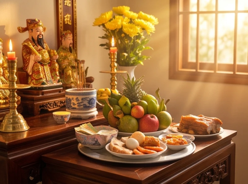 Sửa soạn mâm cúng Thần Tài Thổ Địa tươm tất vào buổi chiều hoàng đạo trước thềm Giao thừa
