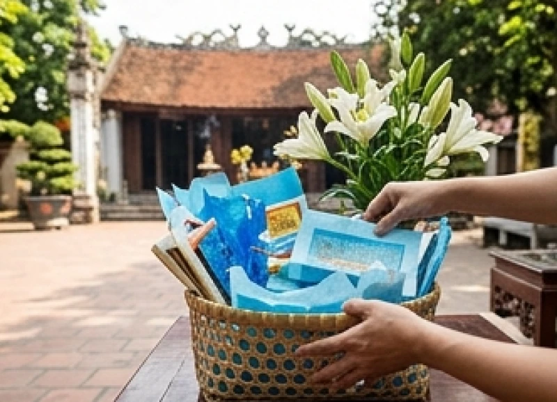 Giỏ đồ lễ gồm áo mã màu xanh dương và hoa huệ trắng được sắp xếp gọn gàng trước cổng đền