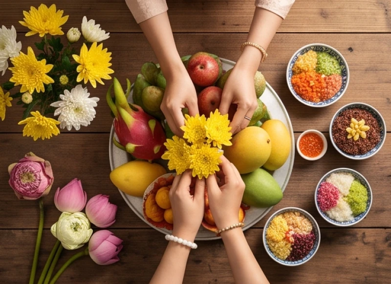 Người đi lễ cẩn thận sắp xếp các vật phẩm cốt lõi như hương hoa, ngũ quả và xôi chè lên đĩa