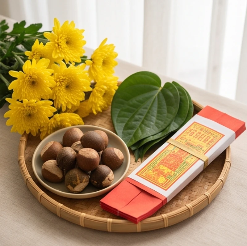 Các món đồ lễ cơ bản gồm hoa tươi trầu cau và giấy tiền vàng mã được sắp xếp gọn gàng trên khay