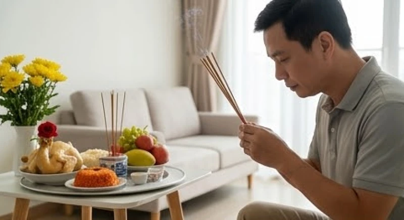 Gia chủ đang thắp hương thành tâm trước mâm cúng tạ đất hoàn công giữa phòng khách