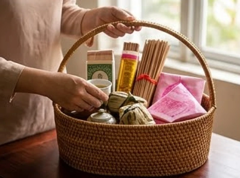 Người hành hương xếp gọn gàng các lễ vật sắm sẵn từ nhà vào giỏ hành lý trước chuyến đi xa