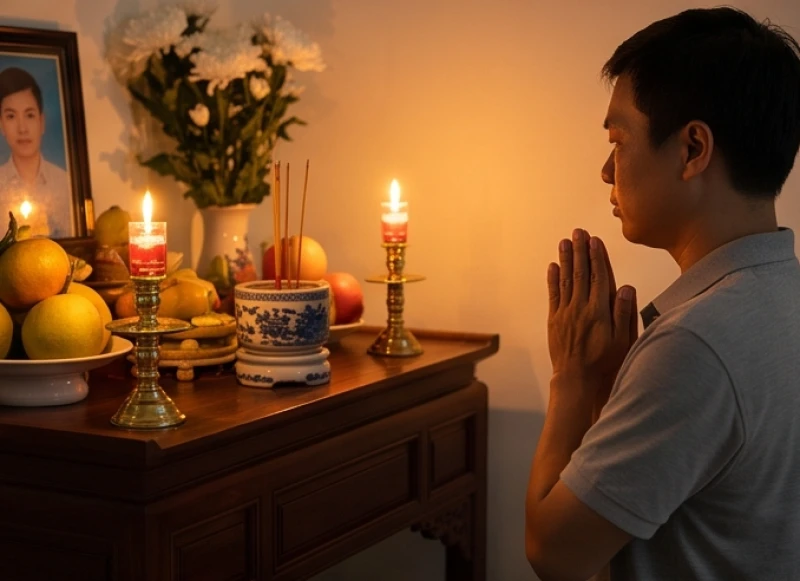 Văn khấn giỗ người mất trẻ: Bài khấn chuẩn & cách sắm mâm lễ 5 Người đại diện gia đình đứng chắp tay trang nghiêm trước bàn thờ chuẩn bị đọc bài khấn vái