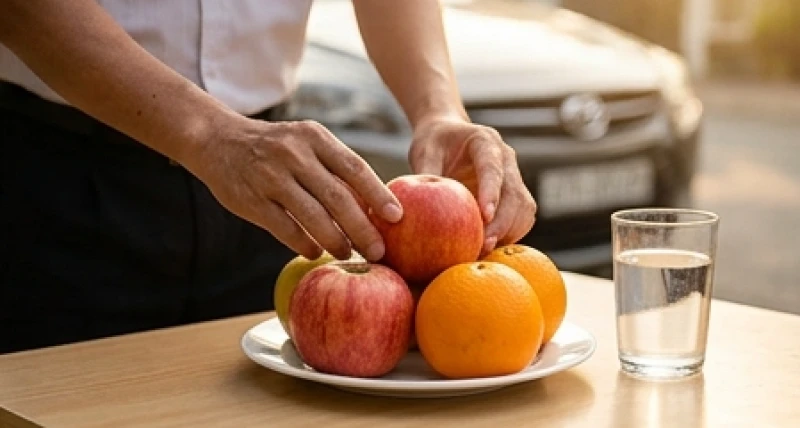 Đĩa trái cây tươi và ly nước lọc được sắp xếp gọn gàng trên bàn lễ thay thế khi sắm thiếu đồ cúng