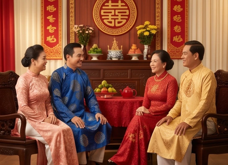 Tuổi Tỵ Nên Cưới Vào Năm Nào: Cách Chọn Năm Và Tháng Đại Lợi 1 Hai họ trò chuyện vui vẻ trong ngày đính hôn chuẩn bị cho hôn lễ của cô dâu tuổi Tỵ