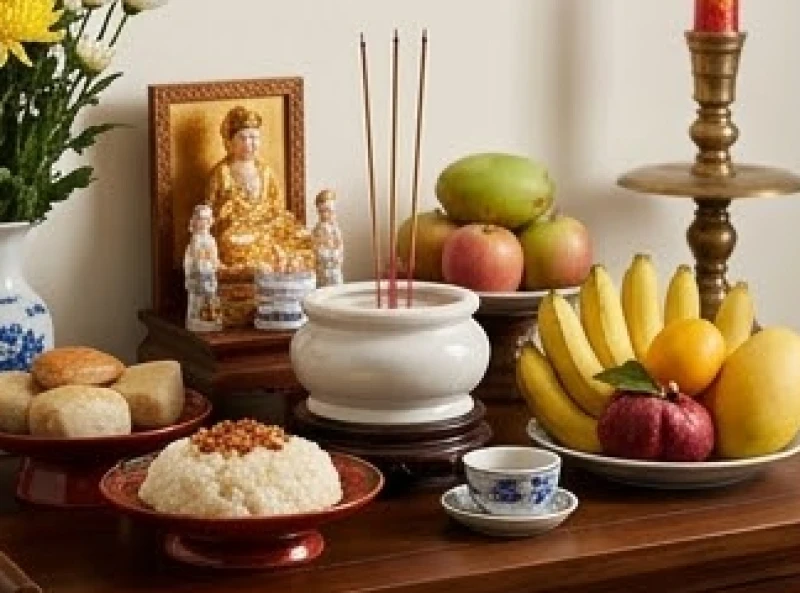Mâm lễ vật trang trọng và bộ bát hương gốm sứ chuẩn bị cho nghi thức cúng bốc bát hương mới