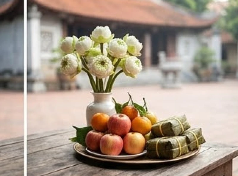 Mâm lễ tươm tất dâng lên ban thờ Bà Phi Yến tại An Sơn Miếu Côn Đảo