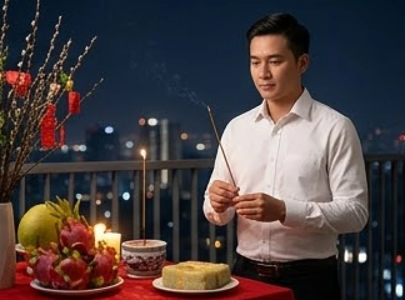 Văn khấn giao thừa tại công ty: Bài cúng chuẩn & xử lý thực tế 2 Đại diện doanh nghiệp mặc áo sơ mi thắp hương trước mâm lễ giao thừa tại ban công tầng cao