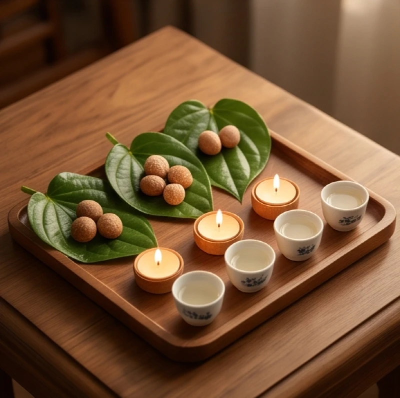 Mâm lễ cúng giải hạn với ba miếng trầu cau têm gọn gàng, ba ngọn nến và ba ly rượu trắng
