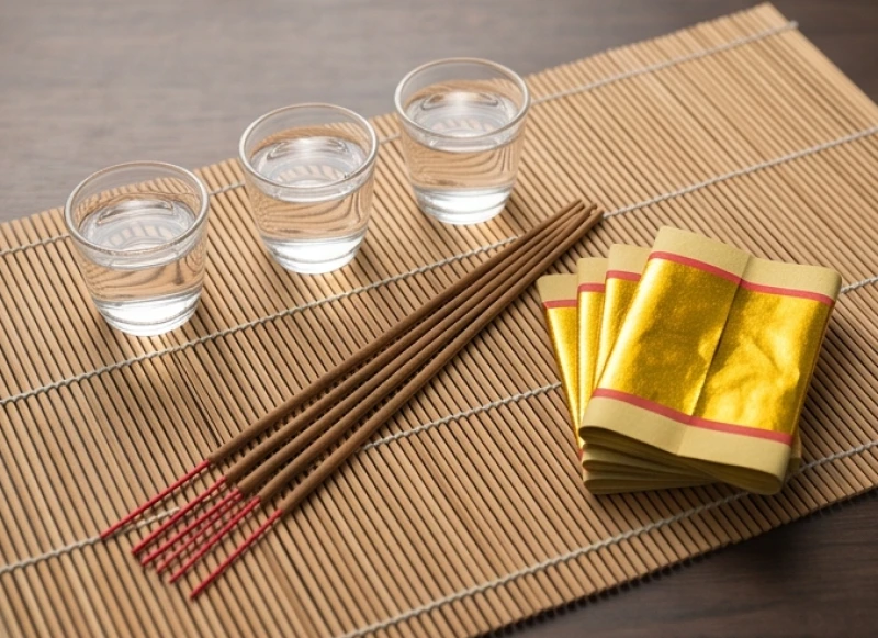 Chuẩn bị đầy đủ đinh tiền vàng và chén nước sạch cho mâm lễ cúng tạ ơn giải hạn tại nhà