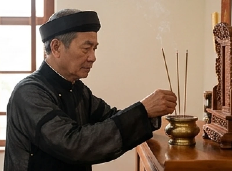 Văn khấn giỗ cụ: Mẫu bài cúng Tằng Tổ Khảo, Tằng Tổ Tỷ 1 Người đàn ông mặc áo dài truyền thống thắp hương chuẩn bị đọc văn khấn giỗ cụ