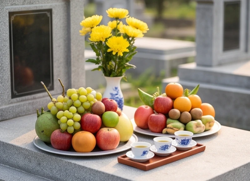 Hai mâm lễ cúng mặn và chay được chuẩn bị tươm tất để dâng lên Quan Thần Linh và gia tiên ngoài nghĩa trang