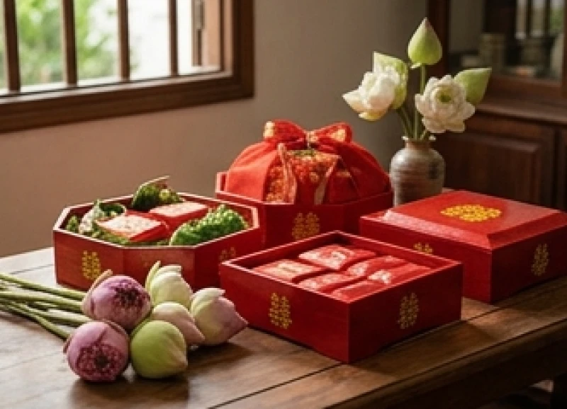 Tuổi Sửu nên cưới vào năm nào: Ma trận chọn năm & tháng tốt 1 Mâm quả cưới hỏi màu đỏ được chuẩn bị tỉ mỉ cho lễ rước dâu theo phong tục truyền thống của người Việt Nam