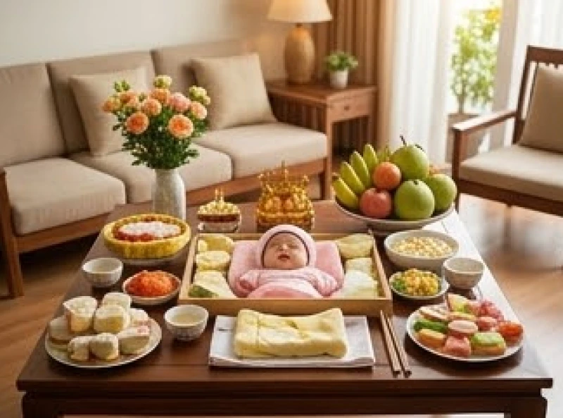 Văn khấn đầy tháng tại nhà nội: Bài cúng gia tiên và 12 Bà Mụ 1 Mâm cúng đầy tháng được chuẩn bị tươm tất tại nhà nội với các lễ vật truyền thống