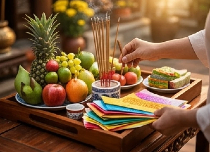 Văn khấn Đền Bắc Lệ: Hướng dẫn sắm lễ và thứ tự bái yết 1 Người hành hương chuẩn bị mâm lễ chay và mâm mặn tươm tất để dâng lên ban Công Đồng đền Bắc Lệ