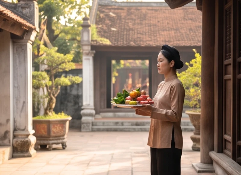 Người đi lễ chuẩn bị các mâm đồ cúng cẩn thận trước khi dâng lên ban thờ đền Mẫu Hưng Yên