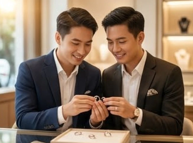 Cặp đôi trẻ Tân Tỵ hào hứng chọn lựa nhẫn cưới tại một cửa hàng kim hoàn sang trọng
