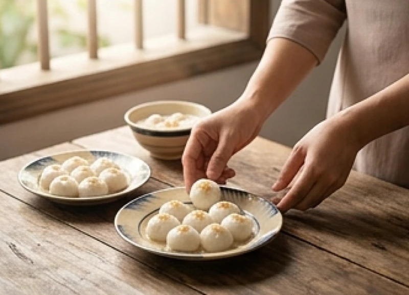 Người phụ nữ Việt Nam cẩn thận sắp xếp đĩa bánh trôi, bánh chay và hoa tươi chuẩn bị cho mâm cúng đầu tháng ba
