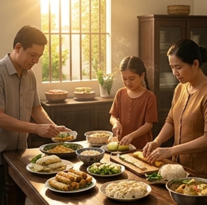 Văn khấn ngày trước giỗ: Bài cúng Tiên thường & quy tắc bày mâm 2 Con cháu trong gia đình quây quần chuẩn bị các món ăn truyền thống cho mâm cỗ cúng chiều ngày trước giỗ.