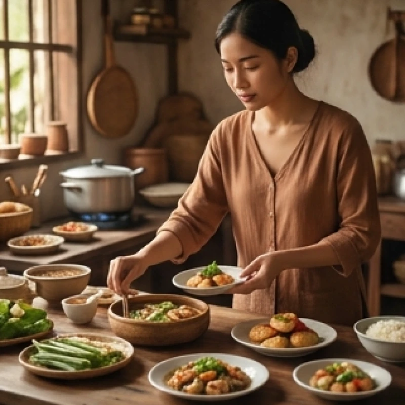 Người phụ nữ tất bật chuẩn bị mâm cúng tươm tất trong không gian bếp gia đình ấm áp