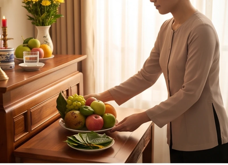 Văn khấn cầu an tại nhà: Bài khấn chuẩn và nghi thức bài bản 1 Người phụ nữ trang trọng chuẩn bị mâm cúng trước khi đọc văn khấn cầu an tại nhà