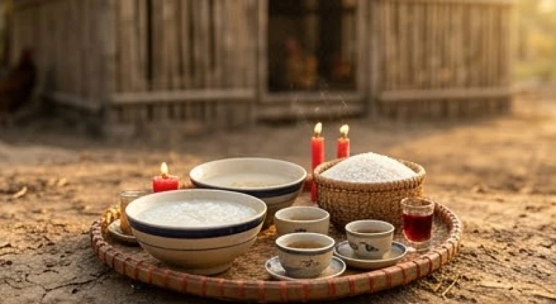 Văn khấn cúng chuồng gà: Cách sắm lễ và bài khấn chuẩn nhất 1 Mâm cúng chuồng gà được chuẩn bị tươm tất với trà, rượu, gạo, cháo trắng và thắp nhang sáng rực rỡ