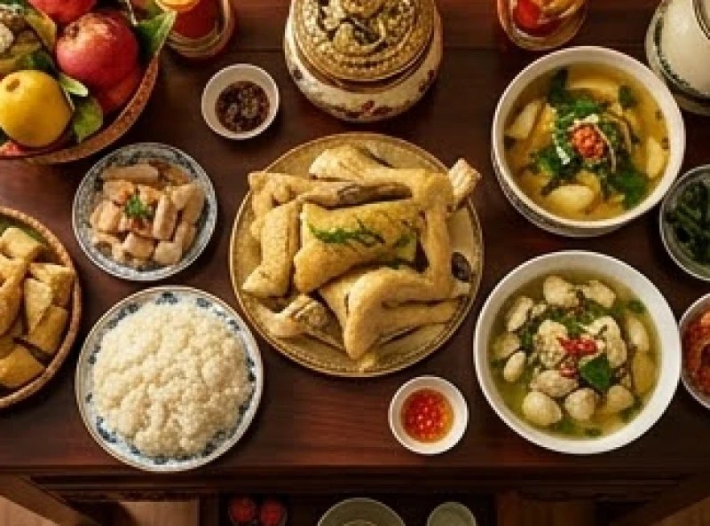 Mâm cỗ mặn truyền thống được gia đình chuẩn bị chu đáo để dâng lên cúng giỗ người cha đã qua đời
