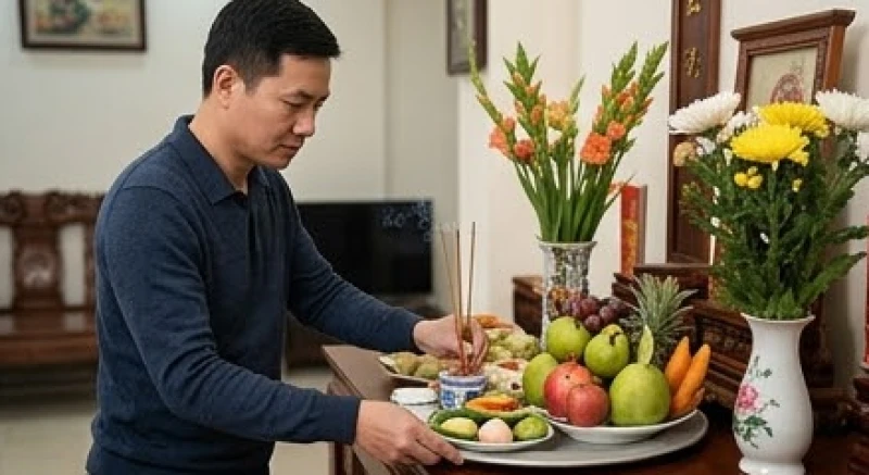 Người chồng lặng lẽ chuẩn bị mâm lễ chay tươm tất để dâng lên bàn thờ chuẩn bị cúng giỗ đầu vợ