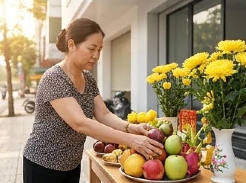 Văn khấn khai trương: Bài cúng chuẩn và quy trình nghi lễ bài bản 1 Gia chủ đang cẩn thận chuẩn bị mâm cúng khai trương với hoa tươi và mâm ngũ quả ngay trước lối ra vào