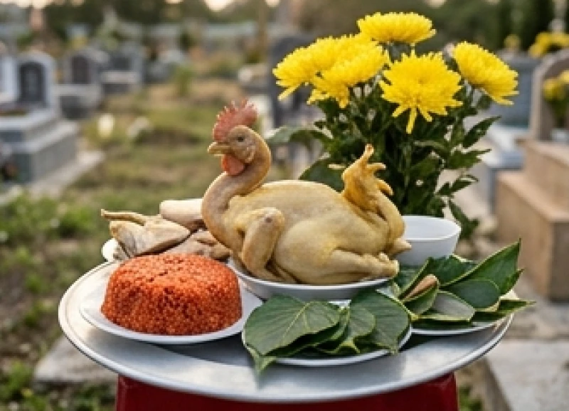 Mâm cúng tươm tất với gà luộc, xôi trắng, trầu cau và hoa tươi được bày gọn gàng dâng lên Thần linh và gia tiên