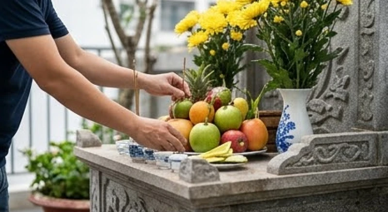 Văn khấn ngoài trời mùng 1: Trình tự cúng, mâm lễ & giờ tốt 1 Gia chủ đang cẩn thận chuẩn bị mâm cúng ngoài trời mùng 1 với hoa quả tươi và nhang đèn vào buổi sáng