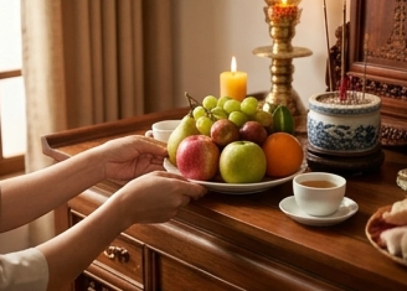 Gia chủ bày biện mâm cỗ dâng lên ban thờ Thổ Công và gia tiên một cách trang nghiêm