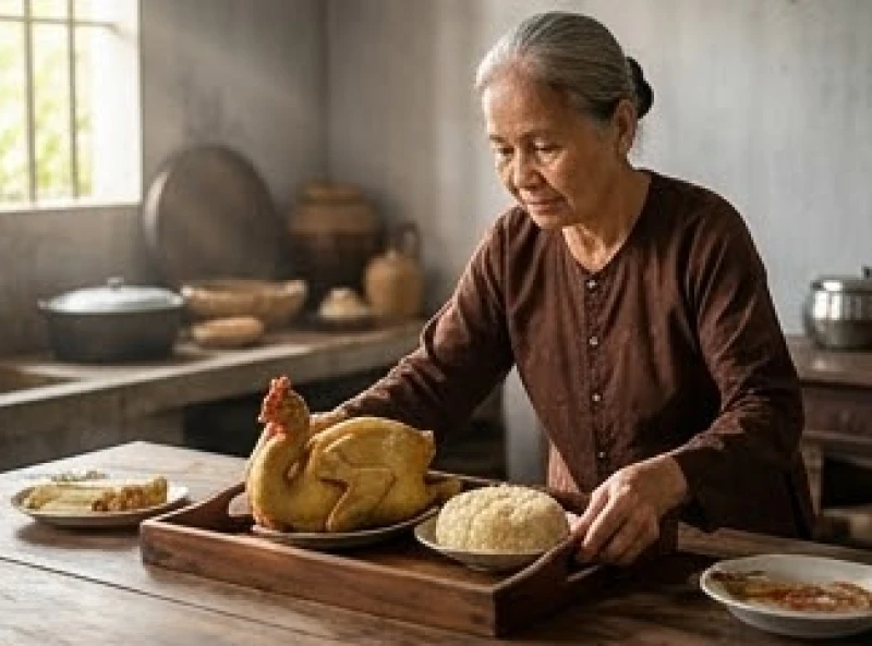 Người phụ nữ trong gia đình chuẩn bị xôi gà từ sáng sớm cho lễ cúng khai hạ
