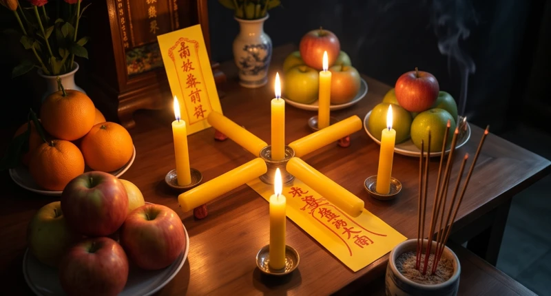 Mâm lễ cúng sao Thổ Tú với 5 ngọn nến vàng và bài vị được sắp xếp trang nghiêm hướng về phía Tây