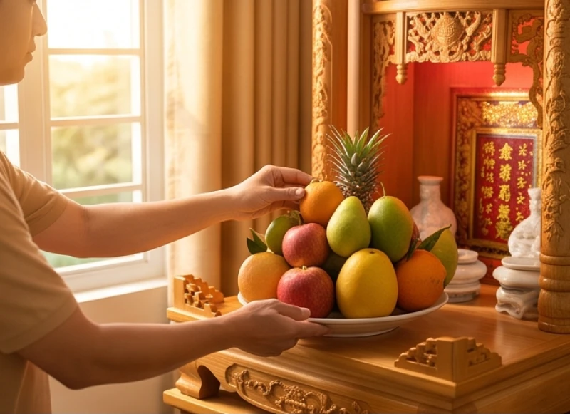 Gia chủ cẩn thận bày biện mâm cúng Thần Tài mùng 2 Tết tươm tất với hương hoa và lễ vật