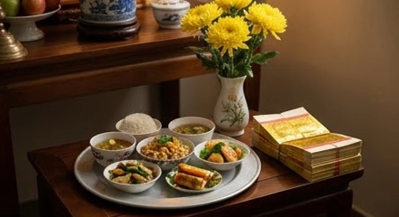Văn khấn cúng tuần đầu chuẩn nhất: Trình tự nghi lễ và hóa vàng 1 Mâm lễ cúng tuần đầu cho người mới mất gồm hoa cúc, mâm cơm mặn và giấy tiền vàng mã