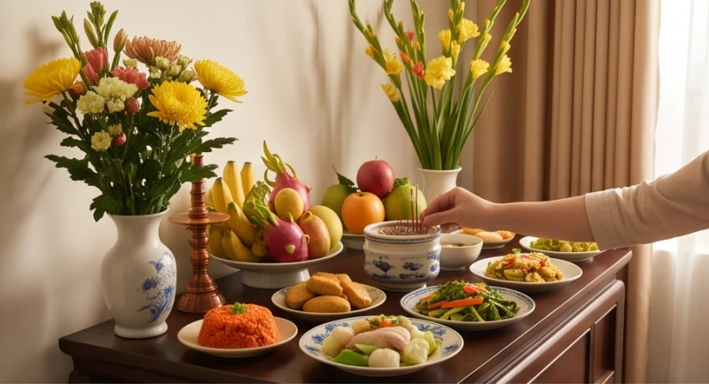 Gia chủ sửa soạn mâm cúng tươm tất dâng lên bàn thờ cùng văn khấn ngày vía Bà Bổn Mạng